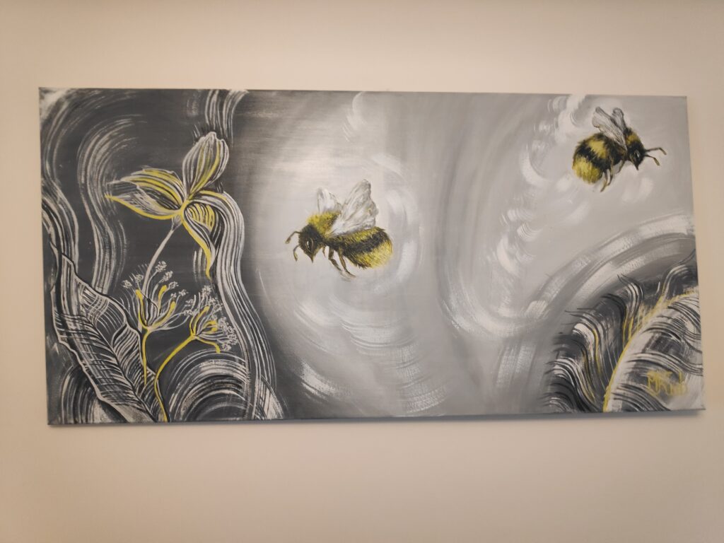 A painting of two bees flying into opposite directions, surrounded by white space. Further still are abstract flowers in a dark space.