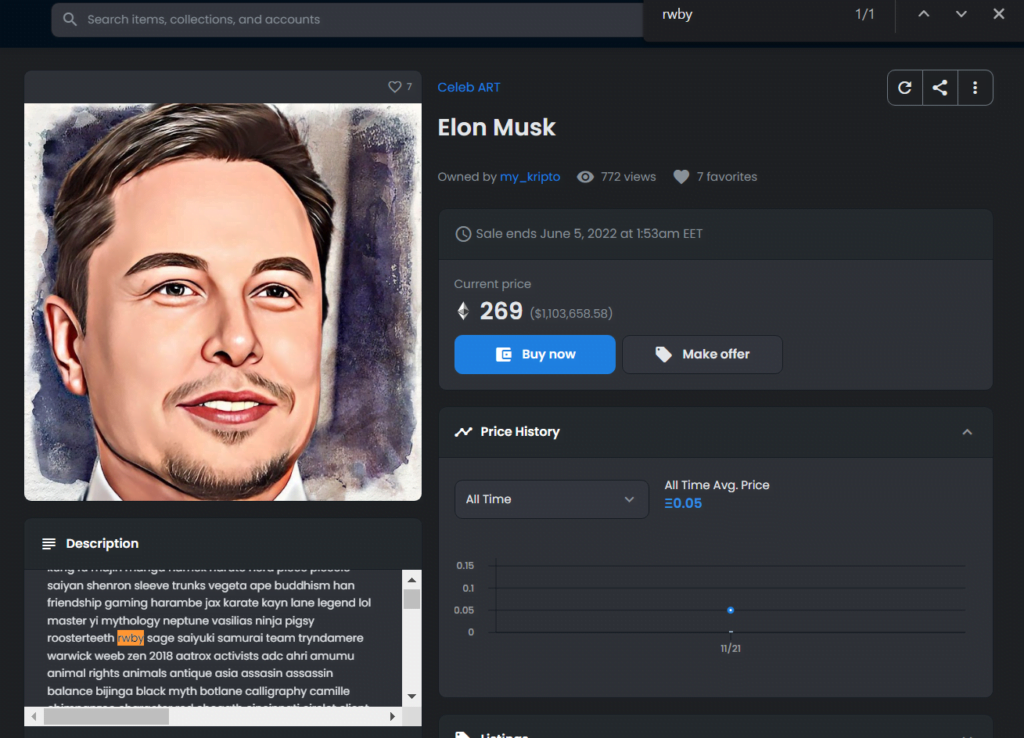 An NFT page featuring an uncanny portrait of what appears to be a deformed Elon Musk.